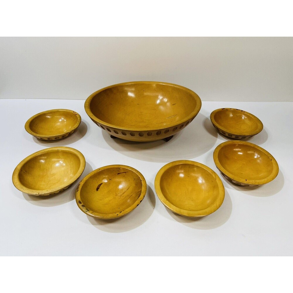 Munising Wooden Salad Bowl Set Of 7 Piece Vintage MCM